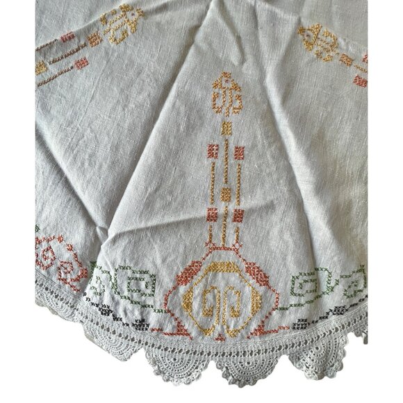Round Embroidered Tablecloth Cross-Stitch Crocheted Scalloped Edges 38.5 Dia VTG - Picture 3 of 10